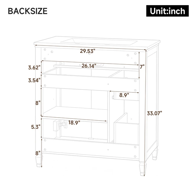 Alt view image 5 of 7 - Video 30 Inch Freestanding Vanity with Ceramic Sink, Solid Wood Legs Handles Soft Close Door Tip Out Drawer Design