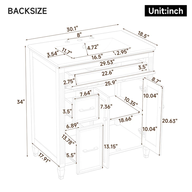 Alt view image 4 of 7 - Video 30 Inch Freestanding Vanity with Ceramic Sink, Solid Wood Legs Handles Soft Close Door Tip Out Drawer Design