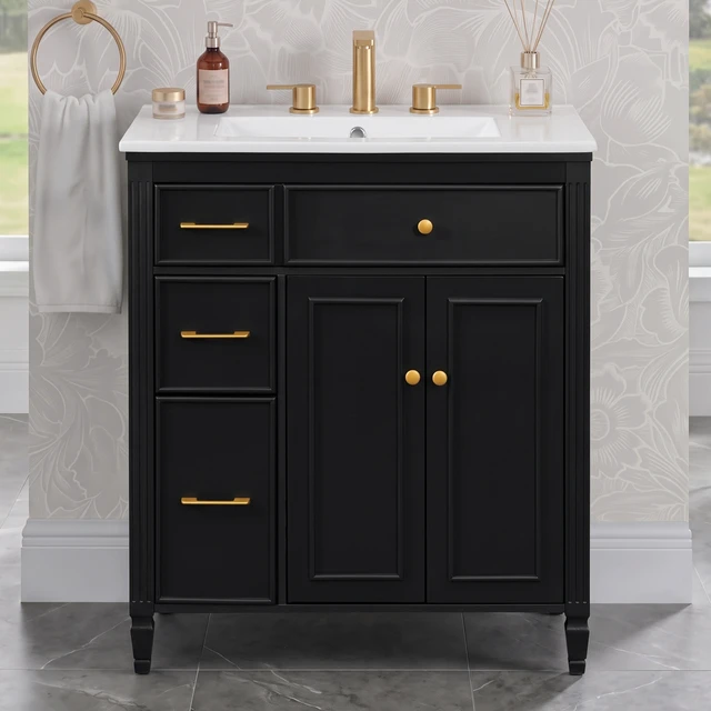 Alt view image 3 of 7 - Video 30 Inch Freestanding Vanity with Ceramic Sink, Solid Wood Legs Handles Soft Close Door Tip Out Drawer Design