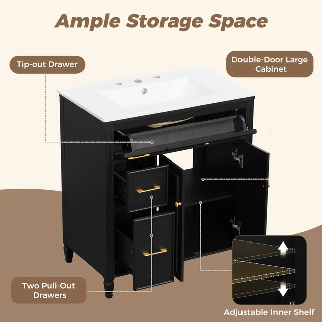 Alt view image 7 of 7 - Video 30 Inch Freestanding Vanity with Ceramic Sink, Solid Wood Legs Handles Soft Close Door Tip Out Drawer Design