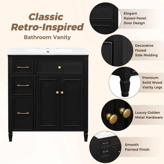 Alt view image 6 of 7 - Video 30 Inch Freestanding Vanity with Ceramic Sink, Solid Wood Legs Handles Soft Close Door Tip Out Drawer Design
