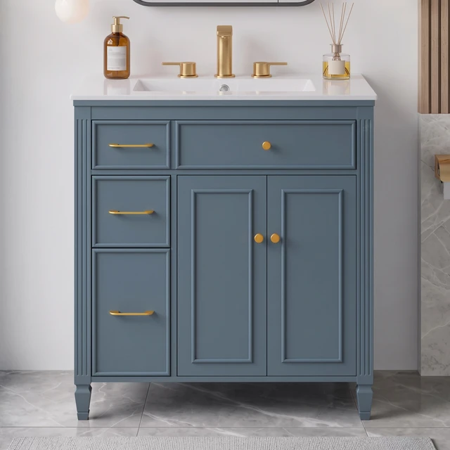 Alt view image 3 of 7 - Video 30 Inch Freestanding Vanity with Ceramic Sink, Solid Wood Legs Handles Soft Close Door Tip Out Drawer Design