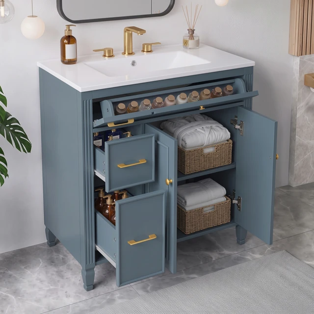 Alt view image 2 of 7 - Video 30 Inch Freestanding Vanity with Ceramic Sink, Solid Wood Legs Handles Soft Close Door Tip Out Drawer Design