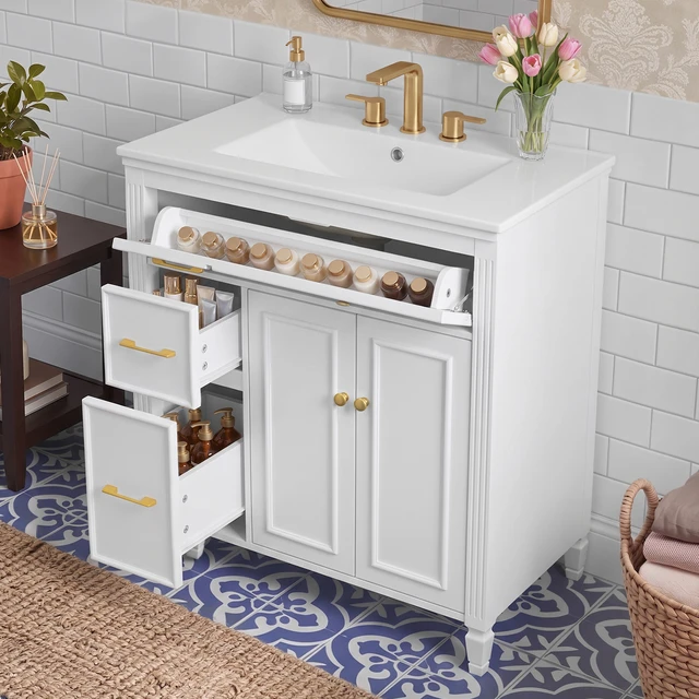 Alt view image 2 of 7 - Video 30 Inch Freestanding Vanity with Ceramic Sink, Solid Wood Legs Handles Soft Close Door Tip Out Drawer Design