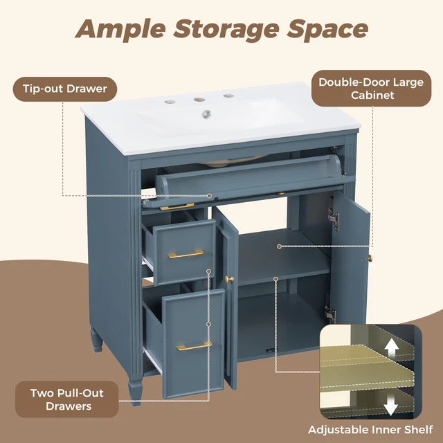 Alt view image 6 of 7 - Video 30 Inch Freestanding Vanity with Ceramic Sink, Solid Wood Legs Handles Soft Close Door Tip Out Drawer Design