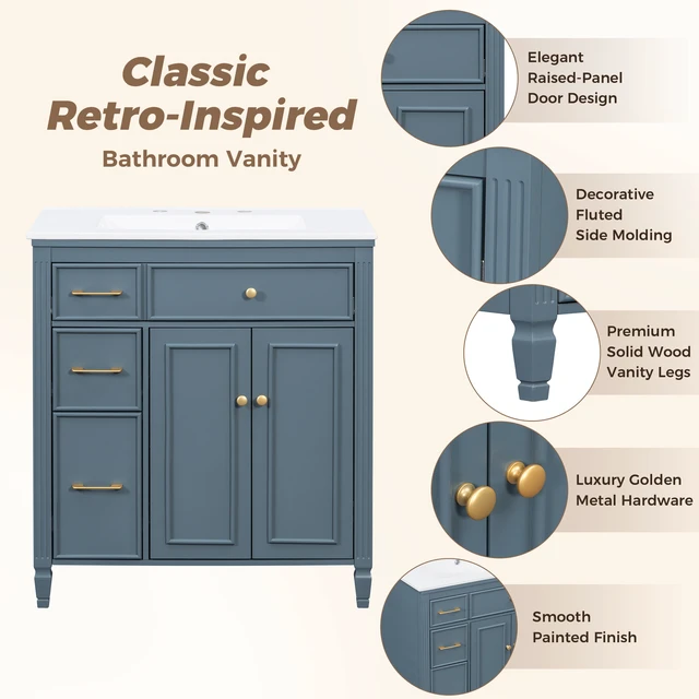 Alt view image 7 of 7 - Video 30 Inch Freestanding Vanity with Ceramic Sink, Solid Wood Legs Handles Soft Close Door Tip Out Drawer Design