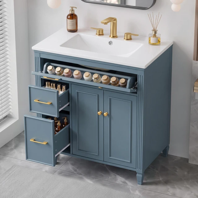 Main image of Video 30 Inch Freestanding Vanity with Ceramic Sink, Solid Wood Legs Handles Soft Close Door Tip Out Drawer Design
