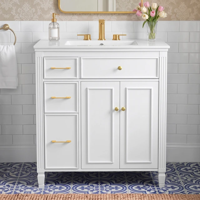 Alt view image 3 of 7 - Video 30 Inch Freestanding Vanity with Ceramic Sink, Solid Wood Legs Handles Soft Close Door Tip Out Drawer Design