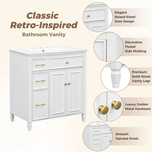 Alt view image 6 of 7 - Video 30 Inch Freestanding Vanity with Ceramic Sink, Solid Wood Legs Handles Soft Close Door Tip Out Drawer Design