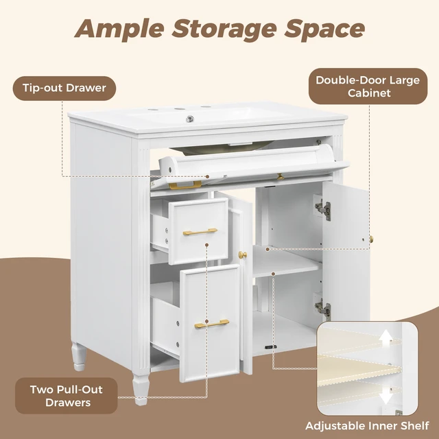 Alt view image 7 of 7 - Video 30 Inch Freestanding Vanity with Ceramic Sink, Solid Wood Legs Handles Soft Close Door Tip Out Drawer Design