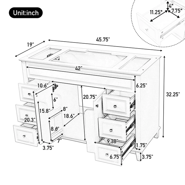 Alt view image 3 of 7 - 46 Inch Vanity Without Sink, Cabinet Only Soft Close 6 Drawers and Double Doors with 2 Tier Shelves Solid Pine Legs