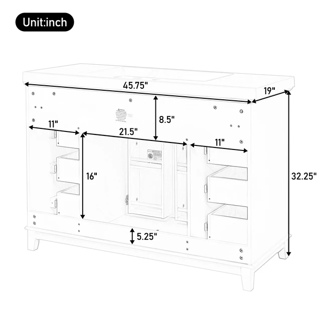 Alt view image 4 of 7 - 46 Inch Vanity Without Sink, Cabinet Only Soft Close 6 Drawers and Double Doors with 2 Tier Shelves Solid Pine Legs