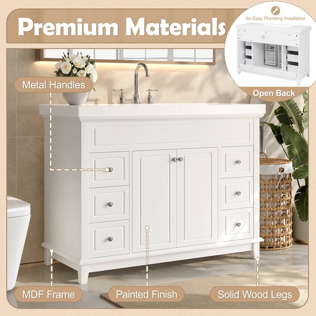 Alt view image 6 of 7 - 46 Inch Vanity Without Sink, Cabinet Only Soft Close 6 Drawers and Double Doors with 2 Tier Shelves Solid Pine Legs