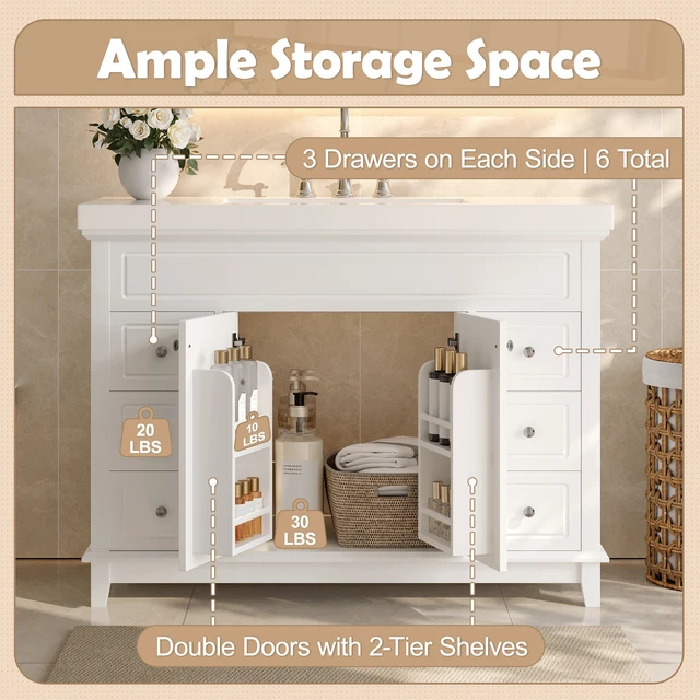 Alt view image 5 of 7 - 46 Inch Vanity Without Sink, Cabinet Only Soft Close 6 Drawers and Double Doors with 2 Tier Shelves Solid Pine Legs