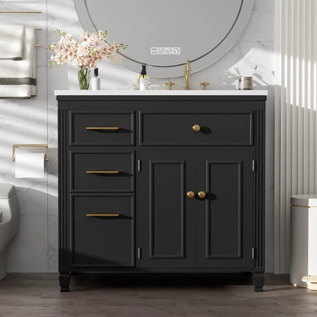 Alt view image 2 of 7 - Video 36 Inch Vanity with Sink, Ceramic Sink One Tip Out Drawer Side Drawers Adjustable Shelf Same SKU, Black, Ceramic