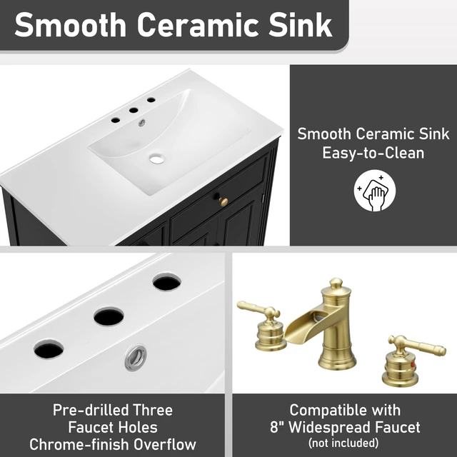 Alt view image 4 of 7 - Video 36 Inch Vanity with Sink, Ceramic Sink One Tip Out Drawer Side Drawers Adjustable Shelf Same SKU, Black, Ceramic