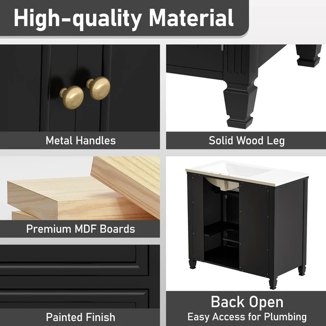 Alt view image 5 of 7 - Video 36 Inch Vanity with Sink, Ceramic Sink One Tip Out Drawer Side Drawers Adjustable Shelf Same SKU, Black, Ceramic