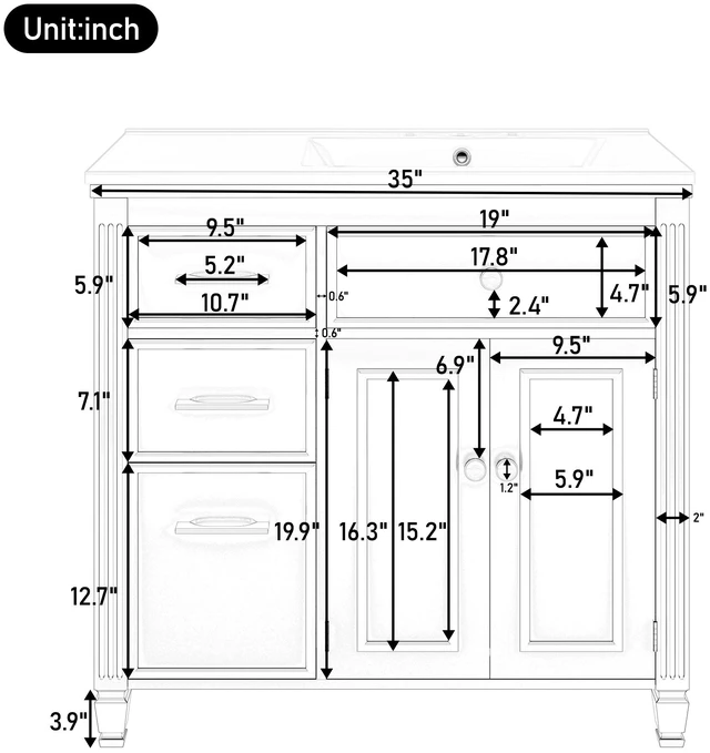 Alt view image 6 of 7 - Video 36 Inch Vanity with Sink, Ceramic Sink One Tip Out Drawer Side Drawers Adjustable Shelf Same SKU, Black, Ceramic