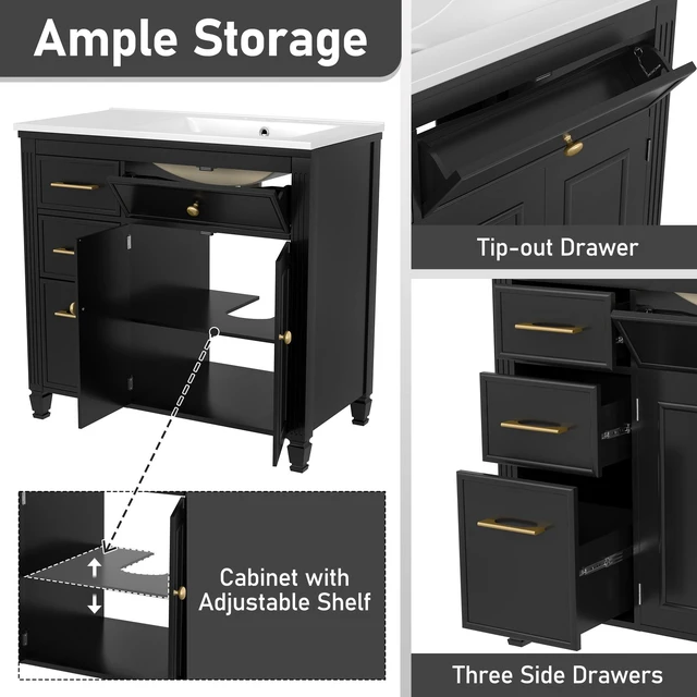 Alt view image 3 of 7 - Video 36 Inch Vanity with Sink, Ceramic Sink One Tip Out Drawer Side Drawers Adjustable Shelf Same SKU, Black, Ceramic