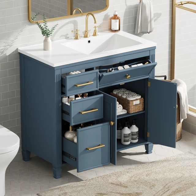 Main image of Video 36 Inch Vanity with Sink, Ceramic Sink One Tip Out Drawer Side Drawers Adjustable Shelf Same SKU, Blue Gray