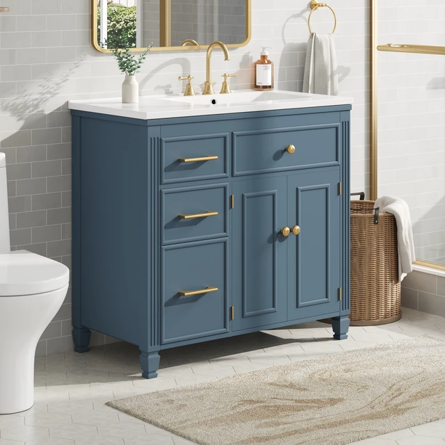 Alt view image 2 of 7 - Video 36 Inch Vanity with Sink, Ceramic Sink One Tip Out Drawer Side Drawers Adjustable Shelf Same SKU, Blue Gray