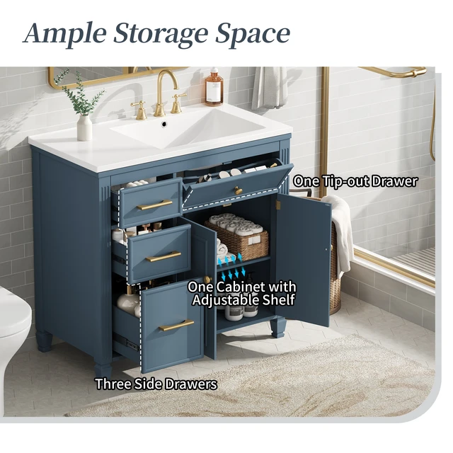 Alt view image 7 of 7 - Video 36 Inch Vanity with Sink, Ceramic Sink One Tip Out Drawer Side Drawers Adjustable Shelf Same SKU, Blue Gray