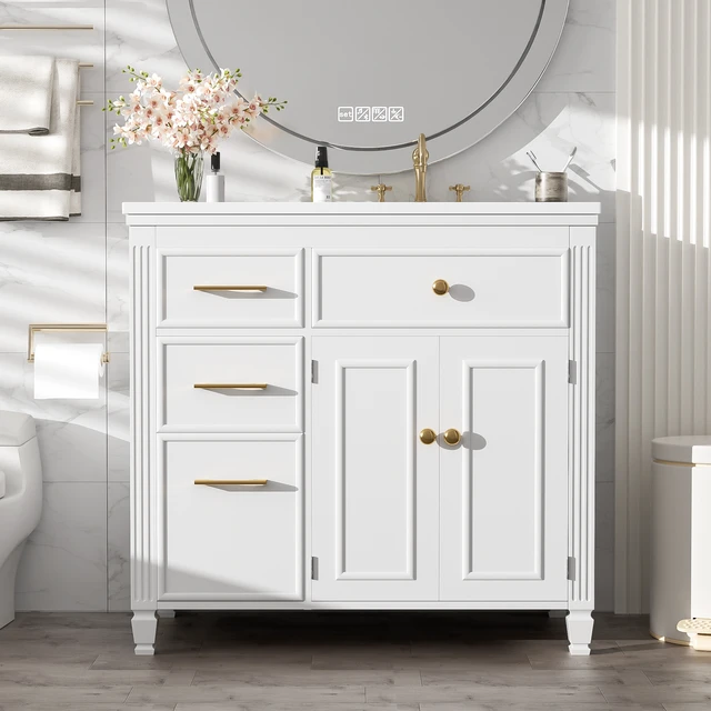 Alt view image 2 of 7 - Video 36 Inch Vanity with Sink, Ceramic Sink One Tip Out Drawer Side Drawers Adjustable Shelf Same SKU, White, Ceramic