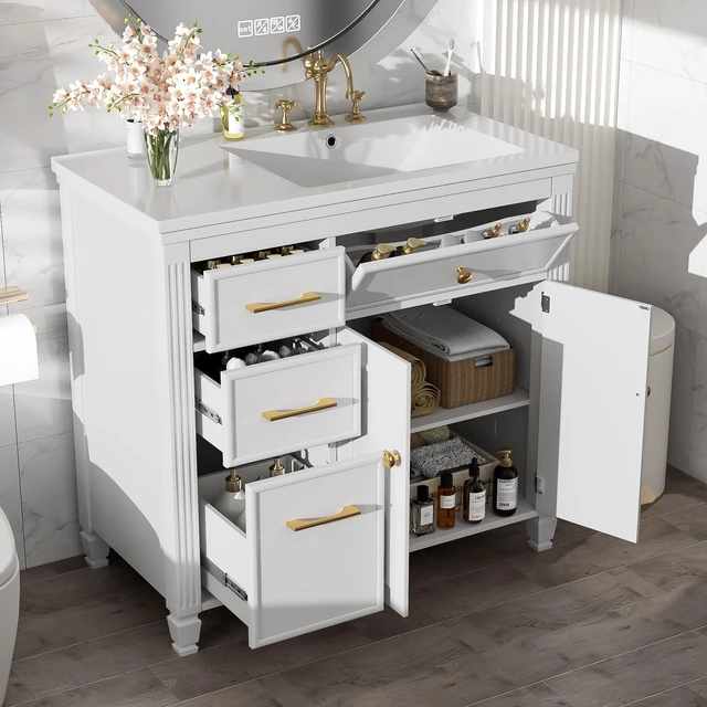 Main image of Video 36 Inch Vanity with Sink, Ceramic Sink One Tip Out Drawer Side Drawers Adjustable Shelf Same SKU, White, Ceramic