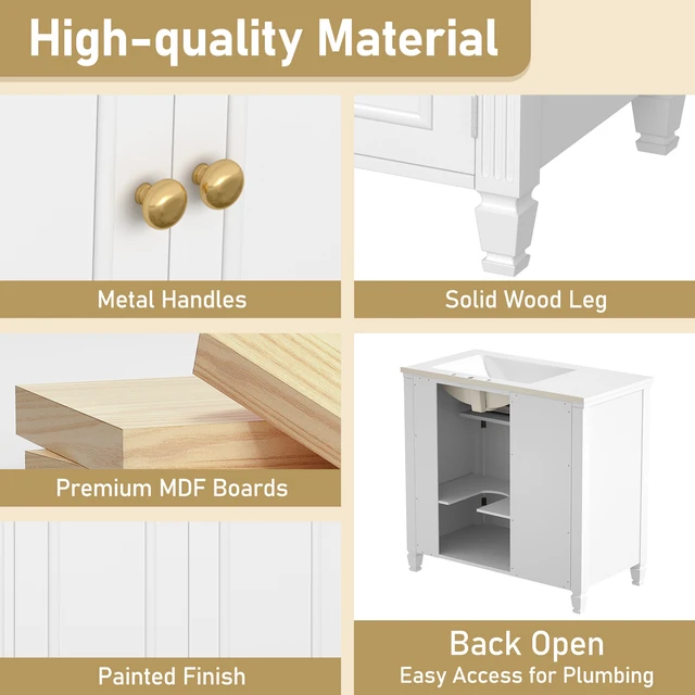 Alt view image 4 of 7 - Video 36 Inch Vanity with Sink, Ceramic Sink One Tip Out Drawer Side Drawers Adjustable Shelf Same SKU, White, Ceramic