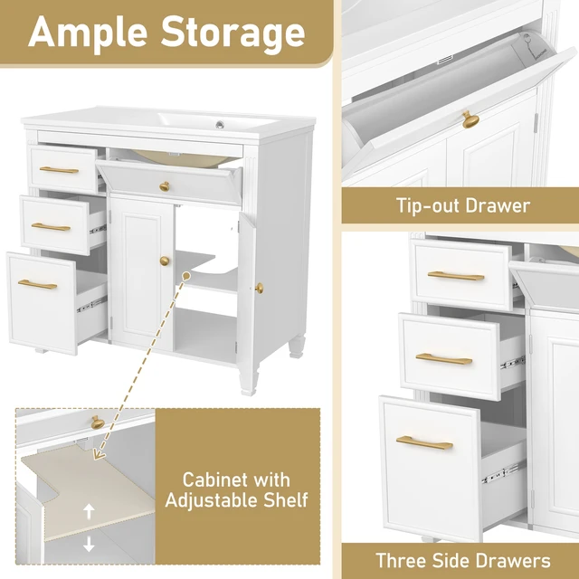 Alt view image 5 of 7 - Video 36 Inch Vanity with Sink, Ceramic Sink One Tip Out Drawer Side Drawers Adjustable Shelf Same SKU, White, Ceramic