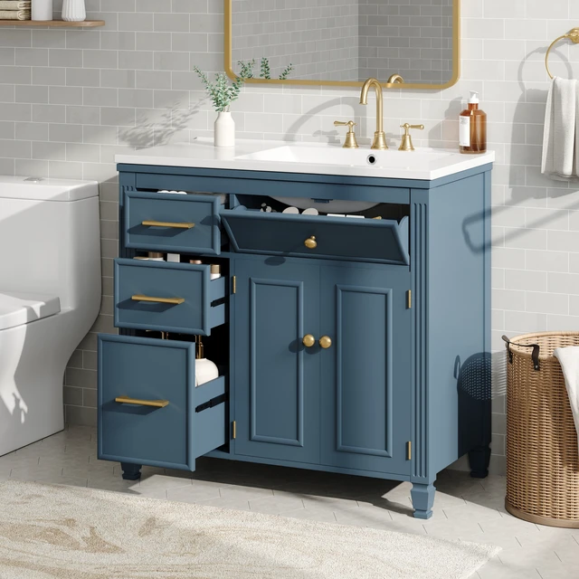 Alt view image 3 of 7 - Video 36 Inch Vanity with Sink, Ceramic Sink One Tip Out Drawer Side Drawers Adjustable Shelf Same SKU, Blue Gray