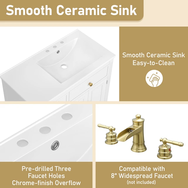 Alt view image 3 of 7 - Video 36 Inch Vanity with Sink, Ceramic Sink One Tip Out Drawer Side Drawers Adjustable Shelf Same SKU, White, Ceramic