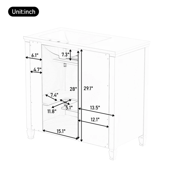 Alt view image 6 of 7 - Video 36 Inch Vanity with Sink, Ceramic Sink One Tip Out Drawer Side Drawers Adjustable Shelf Same SKU, Blue Gray