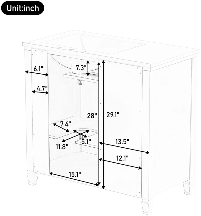 Alt view image 7 of 7 - Video 36 Inch Vanity with Sink, Ceramic Sink One Tip Out Drawer Side Drawers Adjustable Shelf Same SKU, White, Ceramic