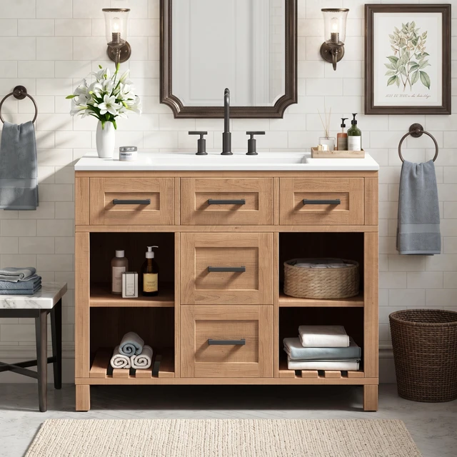 Main image of 36 Inch Vanity with Smc Sink, Ample Storage Space with 2 Drawers Adjustable Shelves and Open Breathable Hollow Shelf