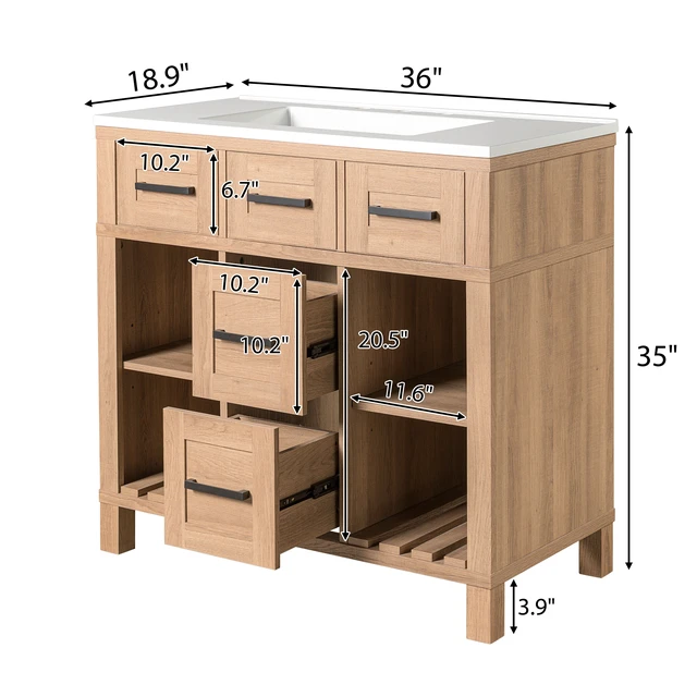 Alt view image 4 of 7 - 36 Inch Vanity with Smc Sink, Ample Storage Space with 2 Drawers Adjustable Shelves and Open Breathable Hollow Shelf