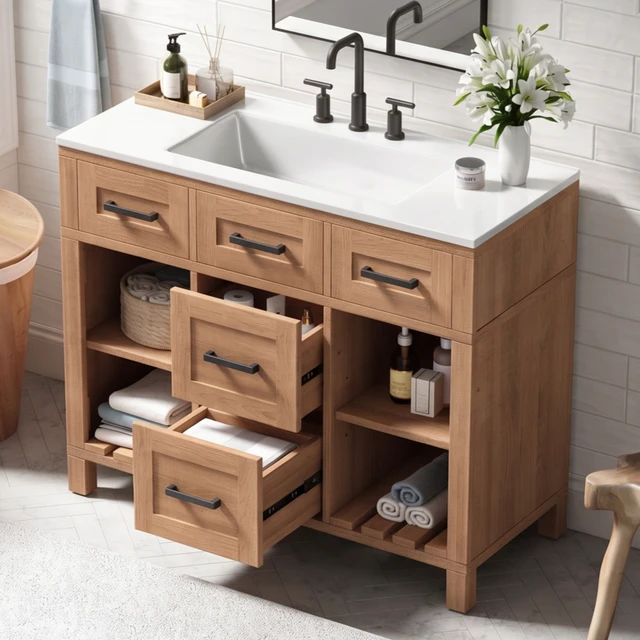 Alt view image 2 of 7 - 36 Inch Vanity with Smc Sink, Ample Storage Space with 2 Drawers Adjustable Shelves and Open Breathable Hollow Shelf