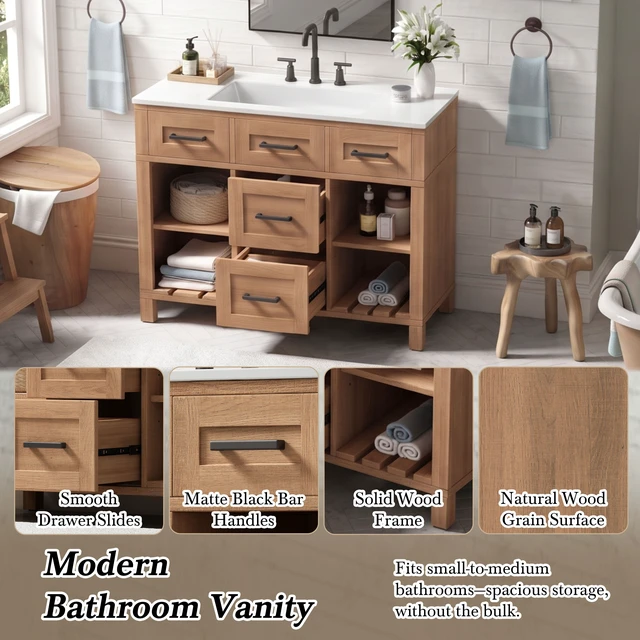 Alt view image 6 of 7 - 36 Inch Vanity with Smc Sink, Ample Storage Space with 2 Drawers Adjustable Shelves and Open Breathable Hollow Shelf