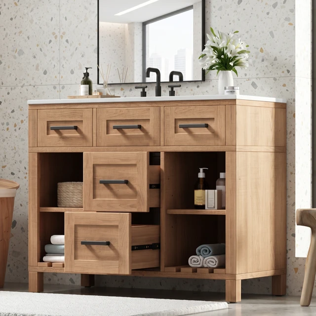 Alt view image 3 of 7 - 36 Inch Vanity with Smc Sink, Ample Storage Space with 2 Drawers Adjustable Shelves and Open Breathable Hollow Shelf