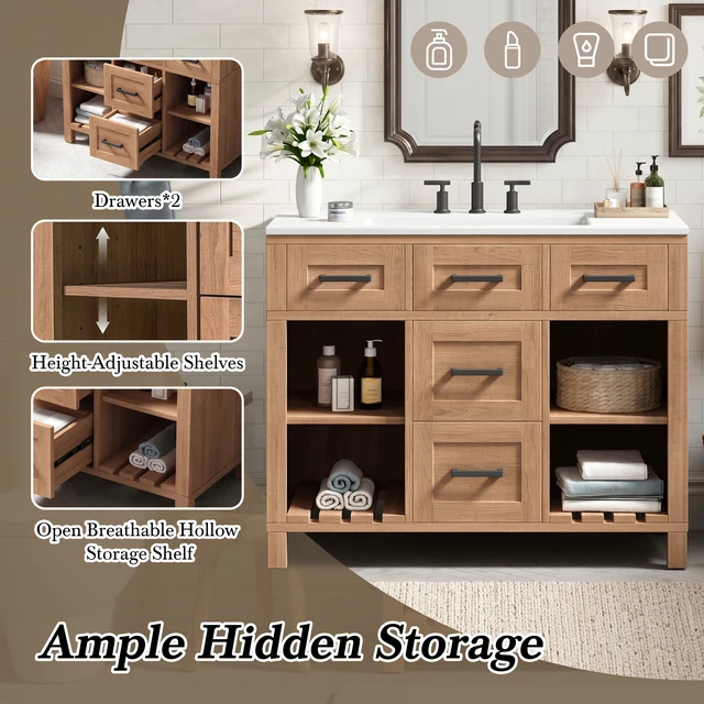 Alt view image 7 of 7 - 36 Inch Vanity with Smc Sink, Ample Storage Space with 2 Drawers Adjustable Shelves and Open Breathable Hollow Shelf