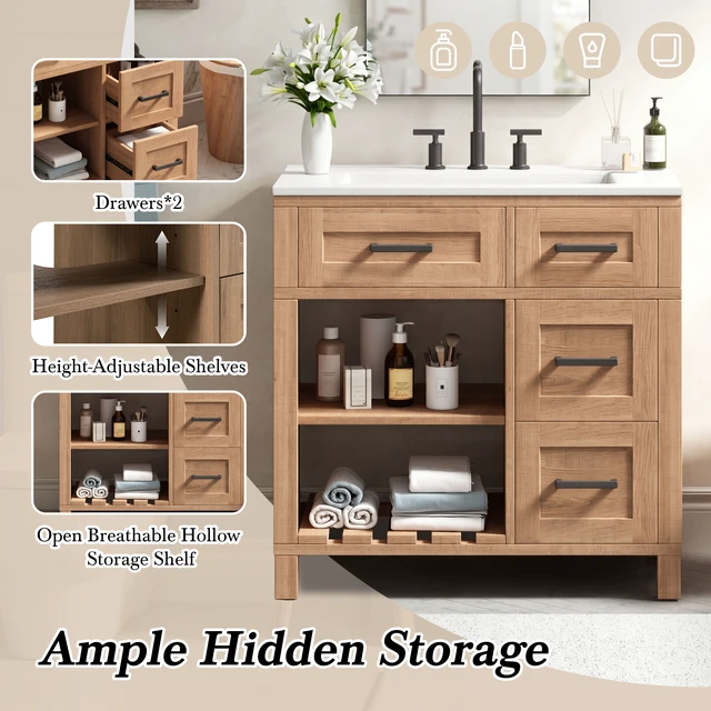Alt view image 6 of 7 - 30 Inch Vanity with Smc Sink, Ample Storage Space with 2 Drawers Adjustable Shelves and Open Breathable Hollow Shelf