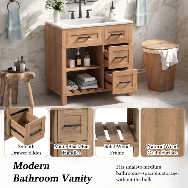 Alt view image 7 of 7 - 30 Inch Vanity with Smc Sink, Ample Storage Space with 2 Drawers Adjustable Shelves and Open Breathable Hollow Shelf