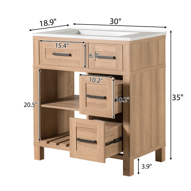 Alt view image 4 of 7 - 30 Inch Vanity with Smc Sink, Ample Storage Space with 2 Drawers Adjustable Shelves and Open Breathable Hollow Shelf