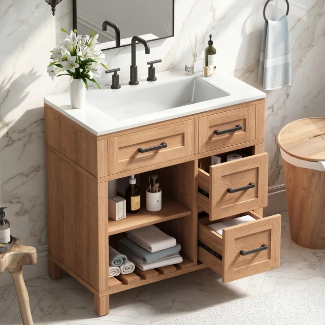 Alt view image 2 of 7 - 30 Inch Vanity with Smc Sink, Ample Storage Space with 2 Drawers Adjustable Shelves and Open Breathable Hollow Shelf