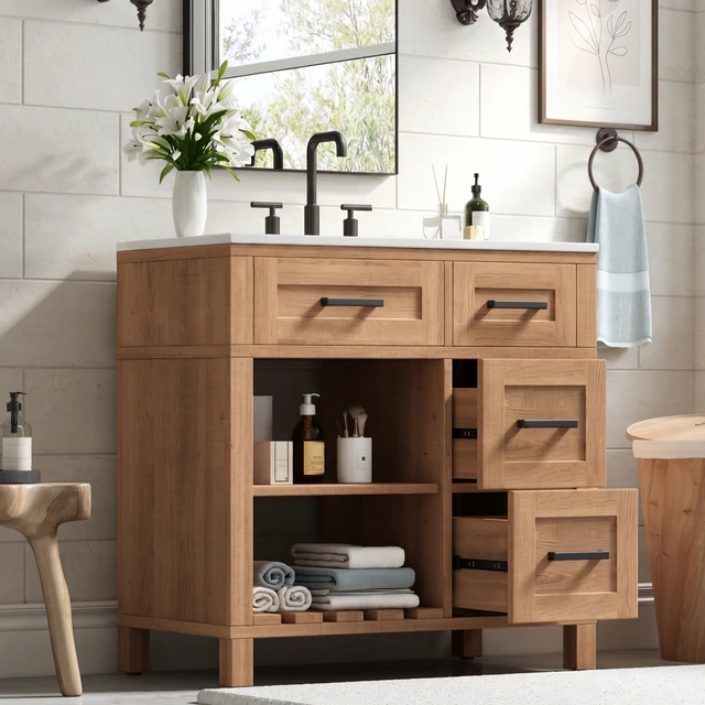 Alt view image 3 of 7 - 30 Inch Vanity with Smc Sink, Ample Storage Space with 2 Drawers Adjustable Shelves and Open Breathable Hollow Shelf