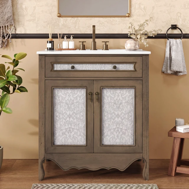 Main image of 30 Inch Pattern Vanity with Rectangle Ceramic Sink, Vanity Cabinet with Tip Out Tray Flip Out Drawer Equipped