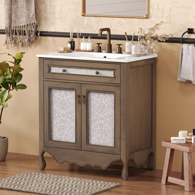 Alt view image 2 of 7 - 30 Inch Pattern Vanity with Rectangle Ceramic Sink, Vanity Cabinet with Tip Out Tray Flip Out Drawer Equipped