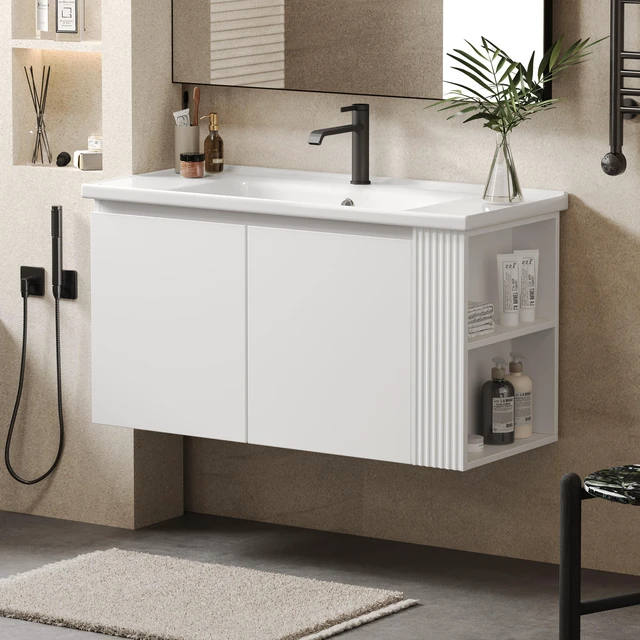 Main image of 36 Inch Wall-Mounted Vanity with Ceramic Sink, Floating Vanity with Degrees Handle Design Soft Closing Doors and Side