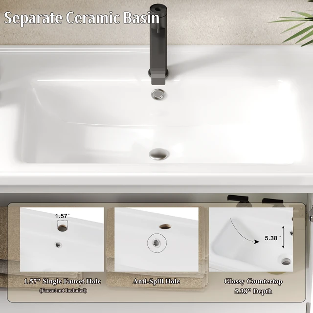 Alt view image 5 of 7 - 36 Inch Wall-Mounted Vanity with Ceramic Sink, Floating Vanity with Degrees Handle Design Soft Closing Doors and Side