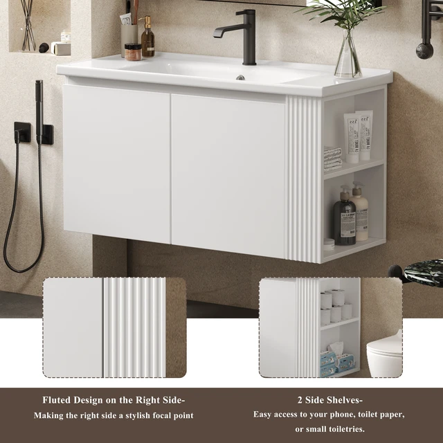 Alt view image 7 of 7 - 36 Inch Wall-Mounted Vanity with Ceramic Sink, Floating Vanity with Degrees Handle Design Soft Closing Doors and Side